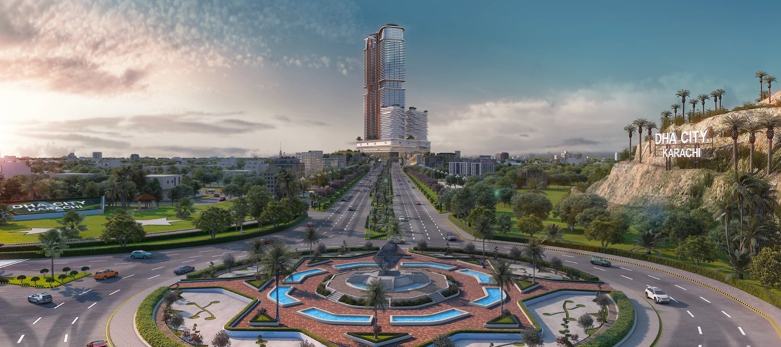 Burj Quaid rising above DHA City Karachi's central boulevard
