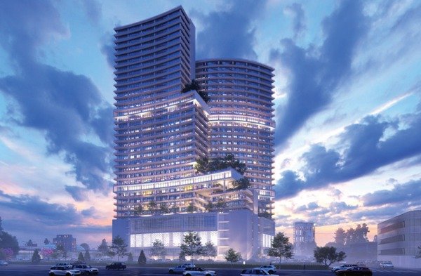 Pearl One Capital sculptural twin tower at dusk