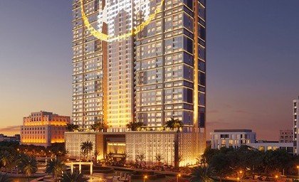 Pearl One Courtyard tower illuminated facade detail