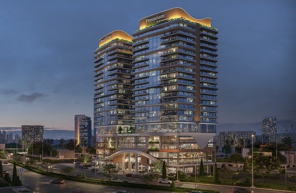 Pearl One Premium twin towers illuminated at night